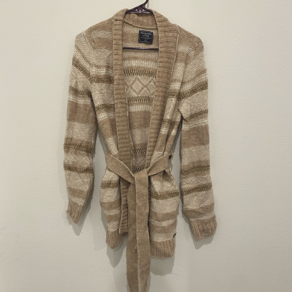 Abercrombie and Fitch belted cream and light brown open front cardigan